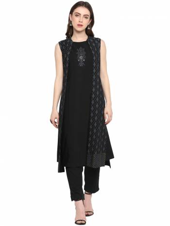 Here Is Designer Readymade Pair OF Kurti And Bottom In Black Color Which Comes With A Black Colored Jacket. This Pair Is Crepe Based Which Is Light Weight And Easy To Carry all Day Long. 