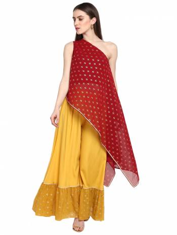 Get Ready For The Upcoming Festive And Wedding Season With This Stylish Readymade Pair Of Kurti And Bottom. Its Pretty One Shoulder Kurti Is In Red color Paired With Contrasting Yellow Colored Bottom. This Kurti Is Fabricated On Georgette Paired With Crepe And Georgette Fabricated Bottom. buy Now.