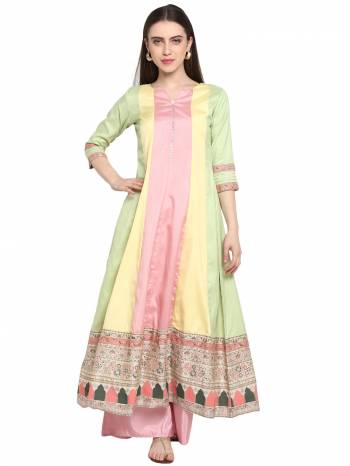 This Season Is About Subtle Shades And Pastel Play, So Grab This Designer Readymade Pair Of Kurti And Bottom In Multi And Baby Pink Color Respectively, Its Top And Bottom Are Poly Silk Based. Buy This Pretty Pair Now.