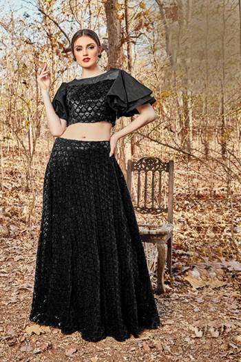 For A Bold And Beautiful Look Grab This Designer Readymade Pair Of Crop Top And Skirt In Black Color. This Pretty Pair Is Velvet Based Beautified With Sequence Work. 