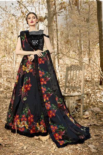 For A Bold And Beautiful Look Grab This Designer Readymade Lehenga Choli In Black Color. Its Blouse Is Fabricated On Velvet Paired With Orgenza Fabricated Lehenga And Dupatta. Buy Now.