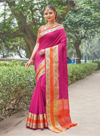 Shine Bright In This Pretty Designer Silk Based Saree In Dark Pink Color Paired With Contrasting Orange Colored Blouse. This Saree And blouse Are Fabricated On Handloom Silk Beautified With Weave And Embroidery. Buy This Lovely Saree Now.