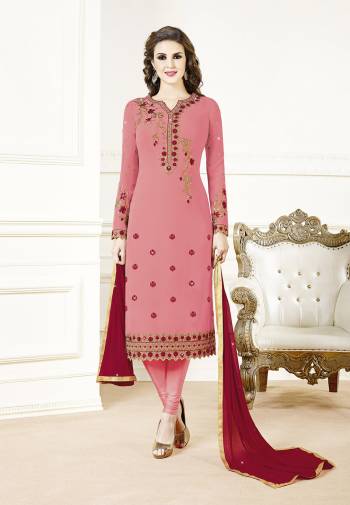 Add This Beautiful Designer Straight Suit To Your Wardrobe In Pink Color?Paired With Red Colored Dupatta. Its Top Is Fabricated On Georgette Paired With Santoon Bottom And Chiffon Dupatta. Its Fabric Is Light In Weight And Easy To Carry All Day Long.