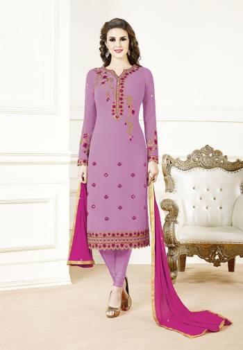 Get Ready For The Upcoming Festive And Wedding Season Wearing This Designer Straight Suit In Puple Color Paired With Contrasting Dark Pink Colored Dupatta. Its Top Is Georgette Based Paired With Santoon Bottom And Chiffon Fabricated Dupatta. Buy Now.?