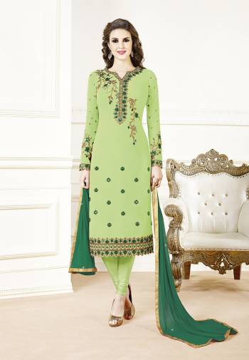 Add This Beautiful Designer Straight Suit To Your Wardrobe In Light Green Color?Paired With Dark Green Colored Dupatta. Its Top Is Fabricated On Georgette Paired With Santoon Bottom And Chiffon Dupatta. Its Fabric Is Light In Weight And Easy To Carry All Day Long.