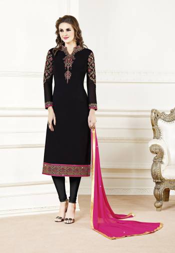 Get Ready For The Upcoming Festive And Wedding Season Wearing This Designer Straight Suit In Black Color Paired With Dark Pink Colored Dupatta. Its Top Is Georgette Based Paired With Santoon Bottom And Chiffon Fabricated Dupatta. Buy Now.?