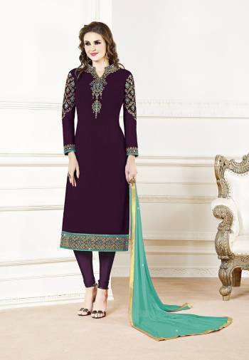 Get Ready For The Upcoming Festive And Wedding Season Wearing This Designer Straight Suit In Wine Color Paired With Contrasting Sea Green Colored Dupatta. Its Top Is Georgette Based Paired With Santoon Bottom And Chiffon Fabricated Dupatta. Buy Now.?