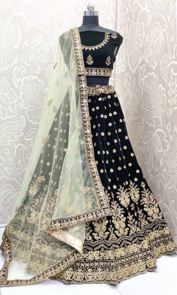 Get Ready For The Upcoming Wedding Season With This Heavy Designer Lehnega Choli In Dark Green Color Paired With Pastel Green Colored Dupatta. Its Blouse And Lehenga Are Fabricated on Velvet Paired With Net Fabricated Dupatta. It Has Lovely Heavy Detailed Embroidery Giving You An Attractive Look. 