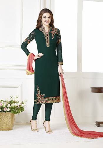 Celebrate This Festive Season With Beauty And Comfort Wearing This Designer Straight Suit In Pine Green Color Paired With Contrasting Dark Peach Colored Dupatta. Its Top Is Fabricated on Georgette Paired With Santoon Bottom And Chiffon Fabricated Dupatta. All Its Fabrics Are Light Weight And Ensures Superb Comfort All Day Long. 