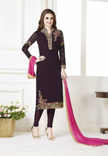 Celebrate This Festive Season With Beauty And Comfort Wearing This Designer Straight Suit In Wine Color Paired With Contrasting Pink Colored Dupatta. Its Top Is Fabricated on Georgette Paired With Santoon Bottom And Chiffon Fabricated Dupatta. All Its Fabrics Are Light Weight And Ensures Superb Comfort All Day Long. 