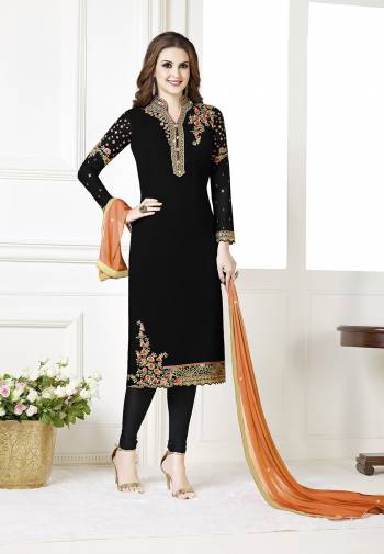 Celebrate This Festive Season With Beauty And Comfort Wearing This Designer Straight Suit In Black Color Paired With Orange Colored Dupatta. Its Top Is Fabricated on Georgette Paired With Santoon Bottom And Chiffon Fabricated Dupatta. All Its Fabrics Are Light Weight And Ensures Superb Comfort All Day Long. 