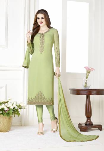 Simple and Elegant Looking Designer Straight Suit Is Here In All Over Light Green Color. Its Top Is Georgette Based Paired With Santoon Bottom And Chiffon Fabricated Dupatta. 