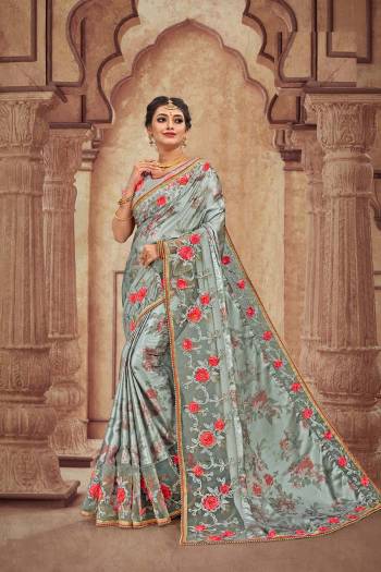 Get Ready For The Upcoming Wedding Season With This Heavy Designer Saree With Heavy Embroidery Fabricated On Satin Georgette. Its Attractive Embroidery And Pretty Color Will Definitely Earn You Lots Of Compliments From Onlookers. 
