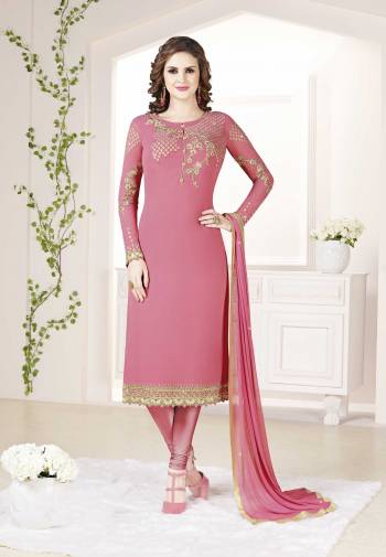 Simple and Elegant Looking Designer Straight Suit Is Here In All Over Pink Color. Its Top Is Georgette Based Paired With Santoon Bottom And Chiffon Fabricated Dupatta. 