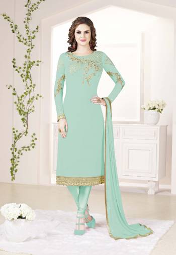 Simple and Elegant Looking Designer Straight Suit Is Here In All Over Aqua Blue Color. Its Top Is Georgette Based Paired With Santoon Bottom And Chiffon Fabricated Dupatta. 