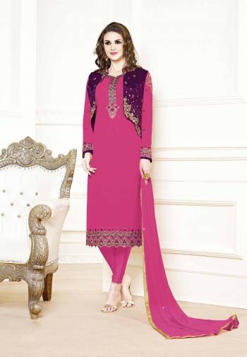 Celebrate This Festive Season With Beauty And Comfort Wearing This Designer Straight Suit In Rani Pink Color. Its Top Is Fabricated on Georgette Paired With Santoon Bottom And Chiffon Fabricated Dupatta. All Its Fabrics Are Light Weight And Ensures Superb Comfort All Day Long. 