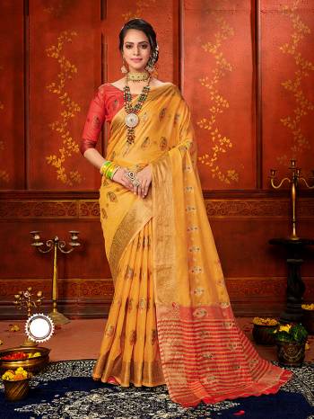 Celebrate This Festive Season With Beauty And Comfort Wearing This Pretty Silk Based Saree In Musturd Yellow Color Paired With Contrasting Red Colored Blouse. This Saree And Blouse Are Fabricated On Art Silk Beautified With Weave.