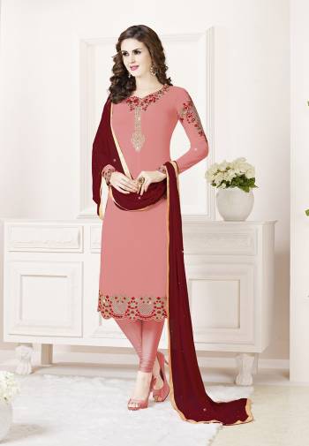 Celebrate This Festive Season With Beauty And Comfort Wearing This Designer Straight Suit In Pink Color Paired With Maroon Colored Dupatta. Its Top Is Fabricated on Georgette Paired With Santoon Bottom And Chiffon Fabricated Dupatta. All Its Fabrics Are Light Weight And Ensures Superb Comfort All Day Long.