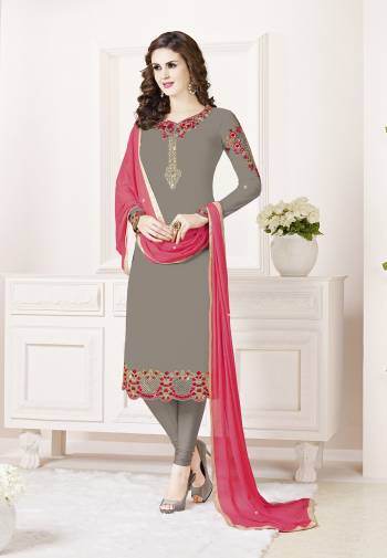 Celebrate This Festive Season With Beauty And Comfort Wearing This Designer Straight Suit In Grey Color Paired With Pink Colored Dupatta. Its Top Is Fabricated on Georgette Paired With Santoon Bottom And Chiffon Fabricated Dupatta. All Its Fabrics Are Light Weight And Ensures Superb Comfort All Day Long.