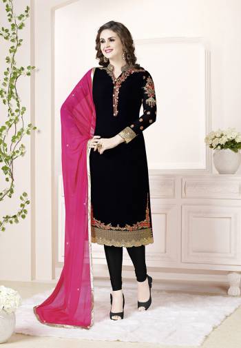 Add This Beautiful Designer Straight Suit To Your Wardrobe In Black Color Paired With Rani Pink Colored Dupatta. Its Top Is Fabricated On Georgette Paired With Santoon Bottom And Chiffon Dupatta. Its Fabric Is Light In Weight And Easy To Carry All Day Long