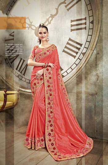 Get Ready For The Upcoming Wedding Season Wearing This Heavy Designer Saree In Old Rose Pink Color. This Saree Is Fabricated On Vichitra Silk Paired With Art Silk Fabricated Blouse. It Is Beautified With Heavy Attractive Embroidery With 3D Flowers. 