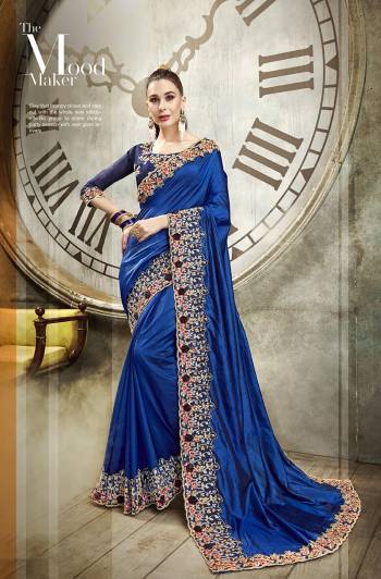 Get Ready For The Upcoming Wedding Season Wearing This Heavy Designer Saree In Royal Blue Color. This Saree Is Fabricated On Vichitra Silk Paired With Art Silk Fabricated Blouse. It Is Beautified With Heavy Attractive Embroidery With 3D Flowers. 