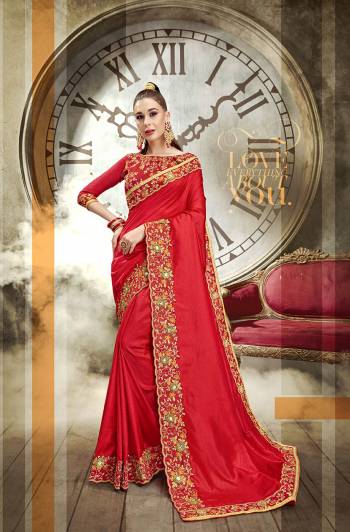 Get Ready For The Upcoming Wedding Season Wearing This Heavy Designer Saree In Red Color. This Saree Is Fabricated On Vichitra Silk Paired With Art Silk Fabricated Blouse. It Is Beautified With Heavy Attractive Embroidery With 3D Flowers. 