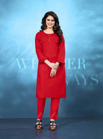 For Your Casual Or Semi-Casual Wear, Grab This Readymade Pair Of Kurti With Pants In Red Color. This Lovely Pair Is Cotton Based Which Is Light Weight, Soft Towards Skin And Easy To Carry All Day Long. 