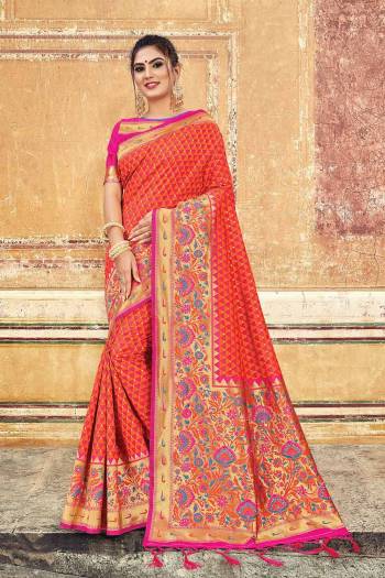 For A  Royal Look, Grab This Designer Weaved Saree In Orange Color. This Saree And Blouse Are Silk Based Beautified With Heavy Weave. Its Fabric And Color Gives A Rich Look To Your Personality. 