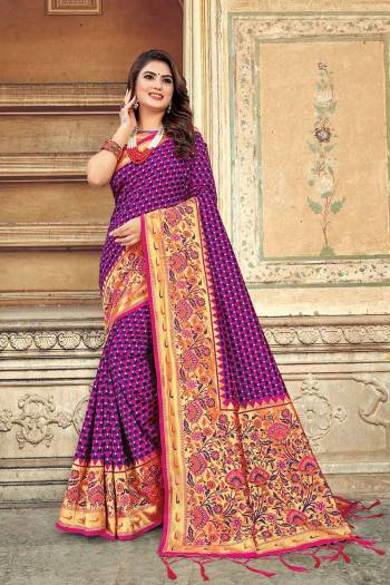 For A  Royal Look, Grab This Designer Weaved Saree In Purple Color. This Saree And Blouse Are Silk Based Beautified With Heavy Weave. Its Fabric And Color Gives A Rich Look To Your Personality. 