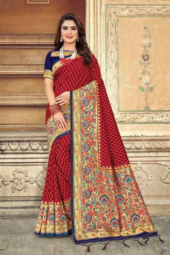 For A  Royal Look, Grab This Designer Weaved Saree In Red Color. This Saree And Blouse Are Silk Based Beautified With Heavy Weave. Its Fabric And Color Gives A Rich Look To Your Personality. 