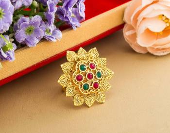 Here Is Royal Looking Designer Finger Ring In Golden Color Beautified With Stone Work. The Rich Golden Color And Pattern Will Give An Elegant Look To Your Hand, Buy Now