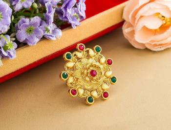 Here Is Royal Looking Designer Finger Ring In Golden Color Beautified With Stone Work. The Rich Golden Color And Pattern Will Give An Elegant Look To Your Hand, Buy Now