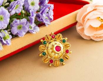 Here Is Royal Looking Designer Finger Ring In Golden Color Beautified With Stone Work. The Rich Golden Color And Pattern Will Give An Elegant Look To Your Hand, Buy Now