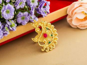 Here Is Royal Looking Designer Finger Ring In Golden Color Beautified With Stone Work. The Rich Golden Color And Pattern Will Give An Elegant Look To Your Hand, Buy Now