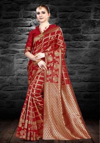 Adorn The Pretty Angelic Look In This Pretty Red Colored Saree Paired With Red Colored Blouse. This Saree And Blouse Are Fabricated On Kanjivaram Art Silk Beautified With Weave. 