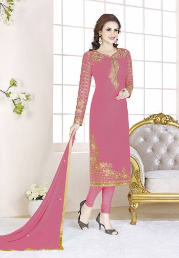 Add This Beautiful Designer Straight Suit To Your Wardrobe In All Over Pink Color. Its Top Is Fabricated On Georgette Paired With Santoon Bottom And Chiffon Dupatta. Its Fabric Is Light In Weight And Easy To Carry All Day Long.