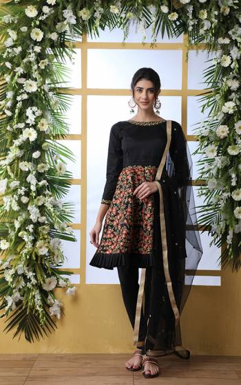 For A Bold And Beautiful Look, Grab This Designer Suit In Black Color With Multi Colored Embroidery Work. Its Top Is Fabricated On Art Silk Paired With Santoon Bottom And Net Fabricated Dupatta. 