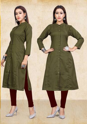 Simple And Elegant Looking Readymade Kurti Is Here In Olive Green Color Fabricated On Cotton Slub. You Can Pair This Up With Leggings, Pants Or Plazzo. Buy Now.