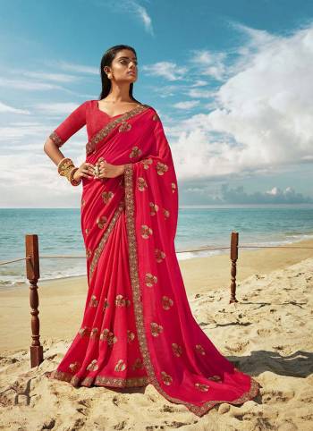 Celebrate This Festive Season Wearing This Designner Saree In Pine Green Color Paired With Contrasting Dark Pink Colored Blouse. This Saree And Blouse Are Silk Based Beautified With Detailed Embroidery. Buy Now.