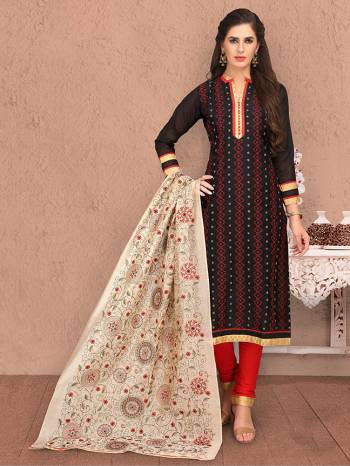 For Your Semi-Casual Wear, Grab This Designer Straight Suit In Black Colored Top Paired With Red Colored Bottom And Cream Dupatta. Its Lovely Top and Dupatta Are Fabricated On Chanderi Silk Paired With Cotton Based Bottom. 