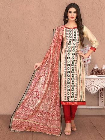 For Your Semi-Casual Wear, Grab This Designer Straight Suit In Cream Colored Top Paired With Red Colored Bottom And Red & Cream Dupatta. Its Lovely Top and Dupatta Are Fabricated On Chanderi Silk Paired With Cotton Based Bottom. 