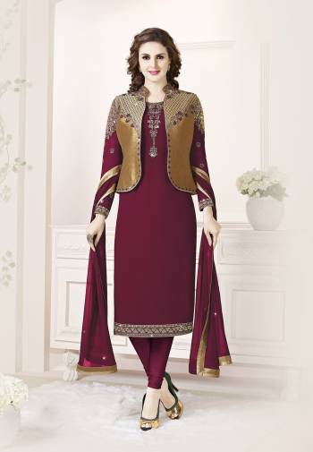 Celebrate This Festive Season With Beauty And Comfort Wearing This Designer Koti Patterned Straight Suit In Magenta Pink & Golden Color. Its Top Is Fabricated on Georgette Paired With Santoon Bottom And Chiffon Fabricated Dupatta. All Its Fabrics Are Light Weight And Ensures Superb Comfort All Day Long