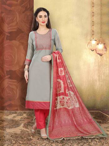 Add This Lovely Rich And Elegant Looking Silk Based Designer Straight Suit To Your Wardrobe In Grey Color. Its Top Is Fabricated On Chanderi Silk Paired With Cotton Based Bottom And Art Silk Dupatta.