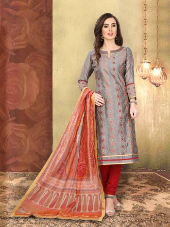 Add This Lovely Rich And Elegant Looking Silk Based Designer Straight Suit To Your Wardrobe In Grey Color. Its Top Is Fabricated On Chanderi Silk Paired With Cotton Based Bottom And Art Silk Dupatta.