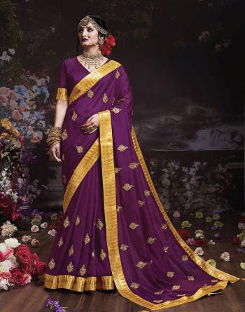 Get Ready For The Upcoming Wedding And Festive Season With This Designer Saree In Purple Color. This Attractive Jari Embroidered Saree Is Fabricated On Vichitra Silk Paired With Vichitra Silk Fabricated Blouse. It Is Beautified With Broad Lace Border With Stone Work. Buy Now.