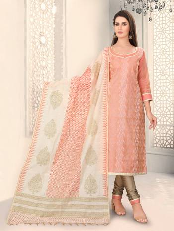 Add This Lovely Rich And Elegant Looking Chanderi Silk Based Designer Straight Suit To Your Wardrobe In Peach Color. Its Rich Fabric And Unique Color Pallete Will Definitely Earn You Lots Of Compliments From Onlookers. 