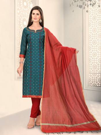 Add This Lovely Rich And Elegant Looking Chanderi Silk Based Designer Straight Suit To Your Wardrobe In Teal Blue Color. Its Rich Fabric And Unique Color Pallete Will Definitely Earn You Lots Of Compliments From Onlookers. 