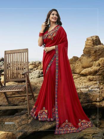 Go With The Pretty Attractive Shade In Red Colored Saree Paired With Red Colored Blouse. This Saree Is Fabricated Rich Soft Art Silk Beautified With Attractive Detailed Embroidery. Buy This Saree Now.