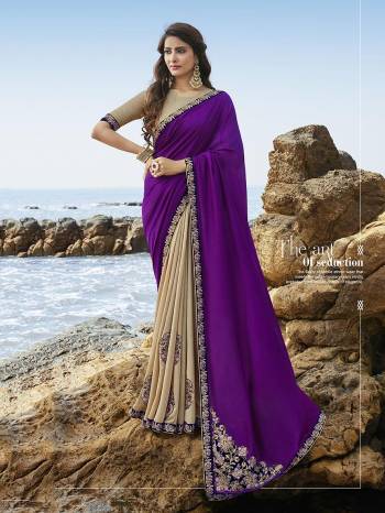 Look Attractive In This Very Pretty Purple & Beige Colored Designer Saree Paired With Beige Colored Blouse. This Heavy Embroidred Saree Is Soft Silk Based. It Is Light Weight, Durable And Care For. 